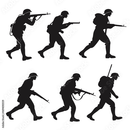 Marching soldier silhouettes with rifles and backpacks vector