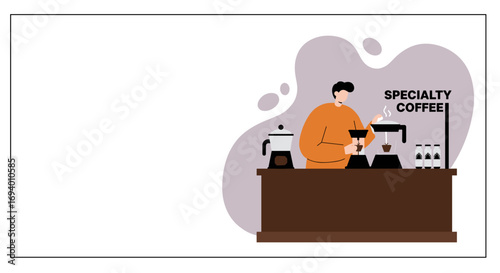 A barista expertly prepares specialty coffee using pour-over equipment at a modern cafe. Perfect for illustrating coffee culture, business, or lifestyle concepts.