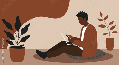 Person working remotely from home, using laptop and phone in a comfortable, minimalist setting. Depicts digital lifestyle, online learning, or flexible work.