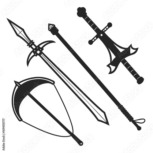 Medieval weapons collection sword halberd scythe mace vector