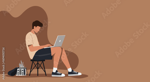 Young man working remotely on a laptop in a casual outdoor setting, combining productivity with a relaxed, nomadic lifestyle. Ideal for travel, business, or freelance themes.