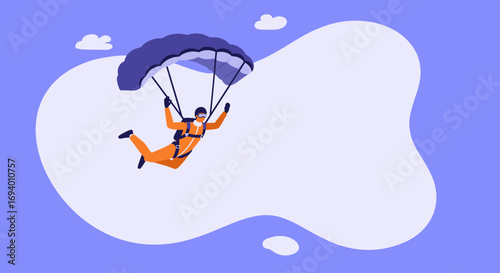 Skydiver in an orange suit descending with an open parachute against a clear sky, embodying freedom and extreme adventure. Ideal for concepts of thrill, challenge, or overcoming limits.
