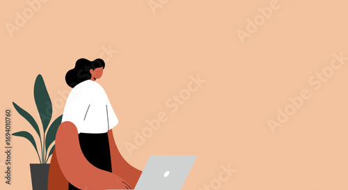 A focused woman works diligently on her laptop at home or office, embodying productivity and modern business. Ideal for remote work, education, or freelance concepts.