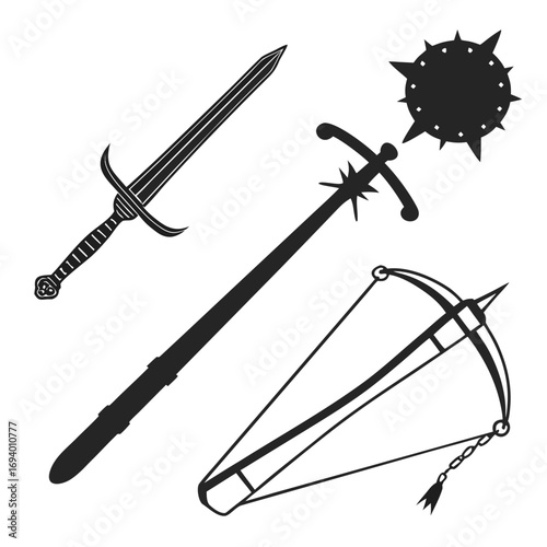 Medieval weapons silhouettes sword mace crossbow vector