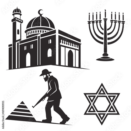 Mosque menorah star man pyramid minaret dome