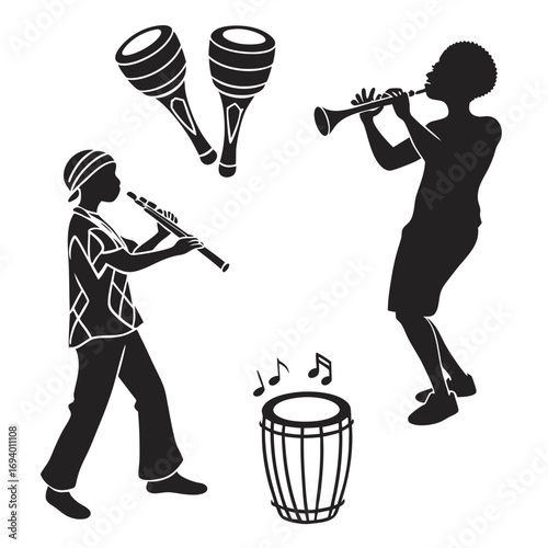 Musicians playing instruments and percussion silhouette trumpet