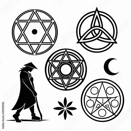 Mystical symbols and figure silhouette occult magic