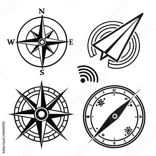 Navigational compasses and paper airplane icons direction wind rose