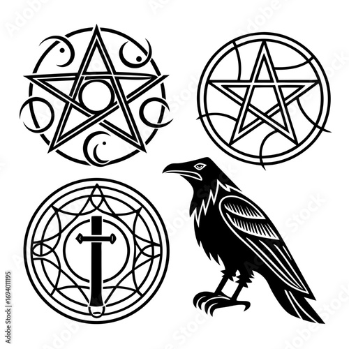 Mystical symbols and raven silhouette occult symbols pentagram
