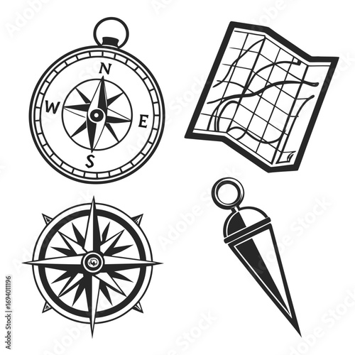 Nautical compasses and map navigation tools travel