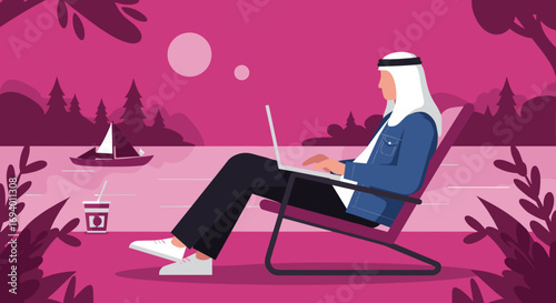 An Arab man works remotely on a laptop, relaxing in a chair by a tranquil lake with a sailboat, embodying modern lifestyle and flexible business.