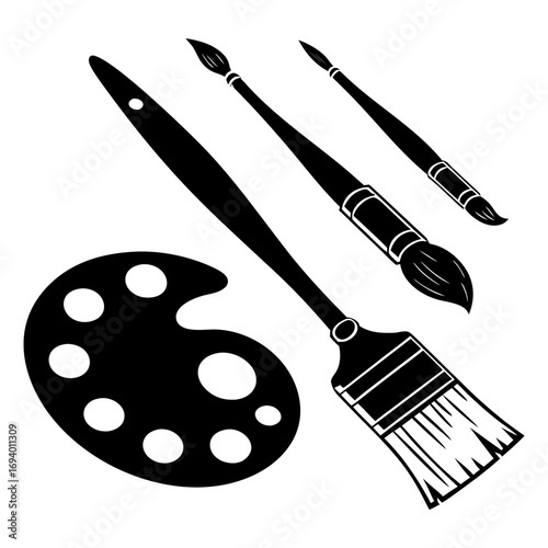 Painter palette and brushes silhouettes artist painting