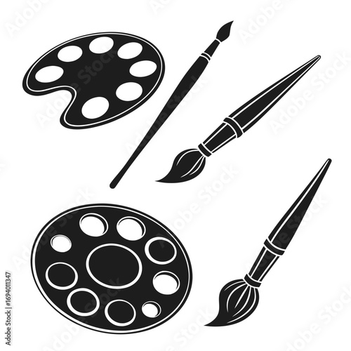 Painter palettes and brushes silhouettes artist painting