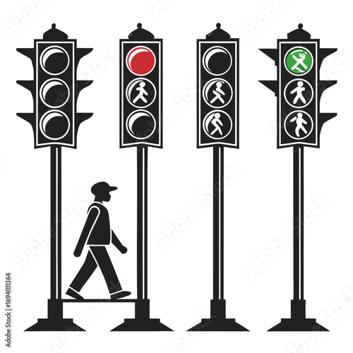 Pedestrian crossing signals and walking person traffic light pedestrian signal