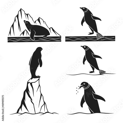 Penguin and seal silhouettes on icebergs snow