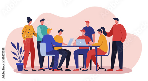 Group of diverse professionals meeting in an office, using laptops for collaboration and strategic planning. Ideal for business concepts.