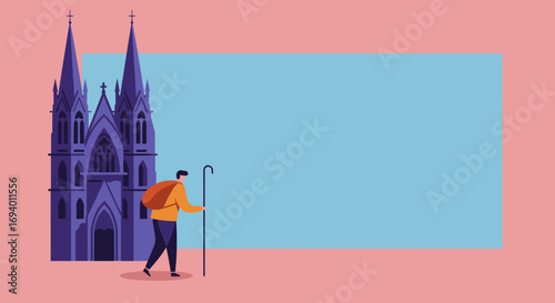 A lone pilgrim with a backpack and walking stick approaches a grand gothic cathedral. Illustrates spiritual journeys, travel, and historical exploration.