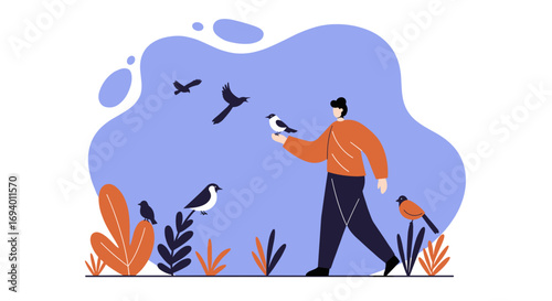 Person gently feeds birds in a peaceful natural setting, illustrating connection with wildlife and environmental care. Ideal for lifestyle, nature, and educational concepts.