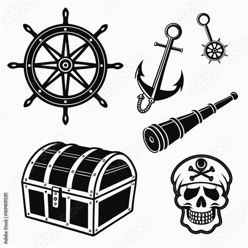 Pirate treasure chest anchor spyglass skull ship wheel vector
