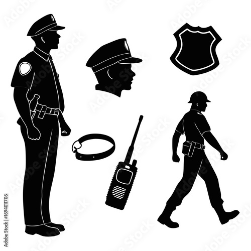 Police officer silhouettes uniform equipment badge radio vector