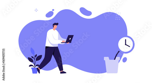 Professional man utilizing a laptop, representing remote work, productivity, and efficient time management in a modern, dynamic business environment.