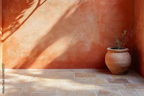 Warm terracotta wall with rustic shadows and natural stone floor.