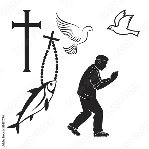 Religious symbols and praying person silhouette cross rosary