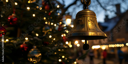 Close-Up of Brass Bell Hanging on Christmas Tree with Lights and Red Ornaments at Dusk