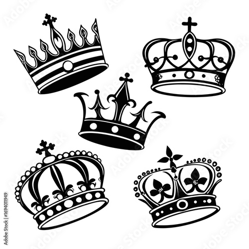 Royal crowns ornate black silhouettes regal monarchy