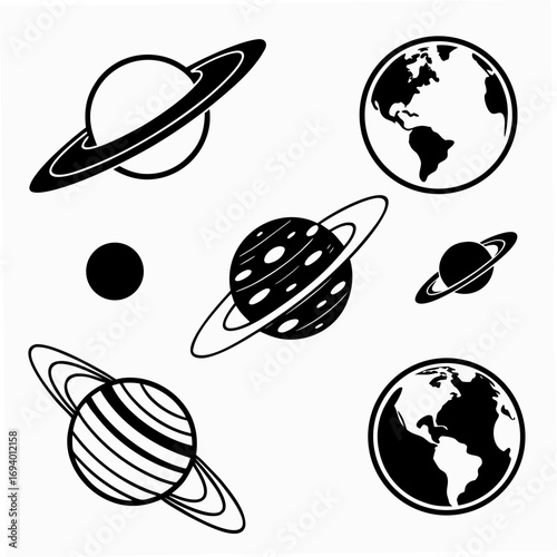 Set of planet icons with rings and Earth illustrations Saturn Mars