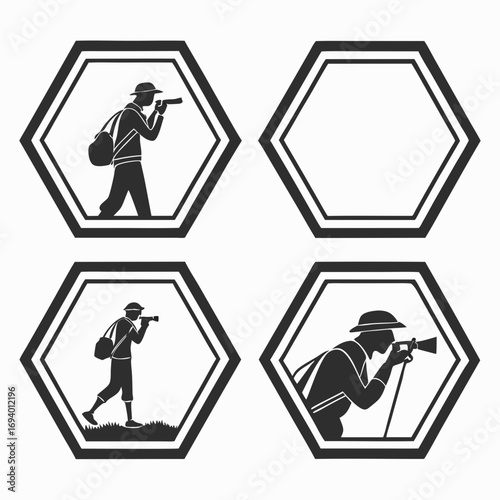Silhouette explorers with cameras in hexagon frames photography