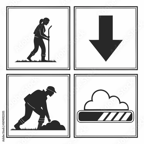 Silhouettes of people working and technology icons person digging