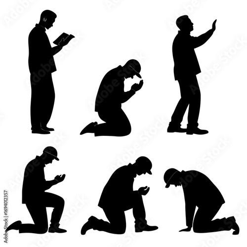 Six black silhouettes of men in prayer postures islamic prayer muslim prayer