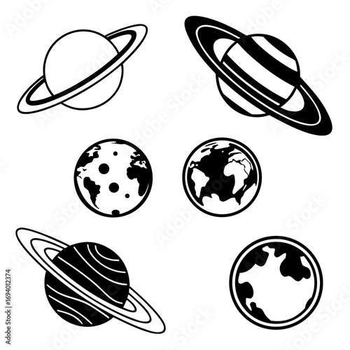 Six celestial bodies with rings and continents planet saturn