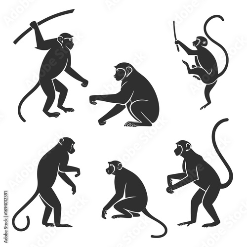 Six dark primate silhouettes in various poses monkey animal