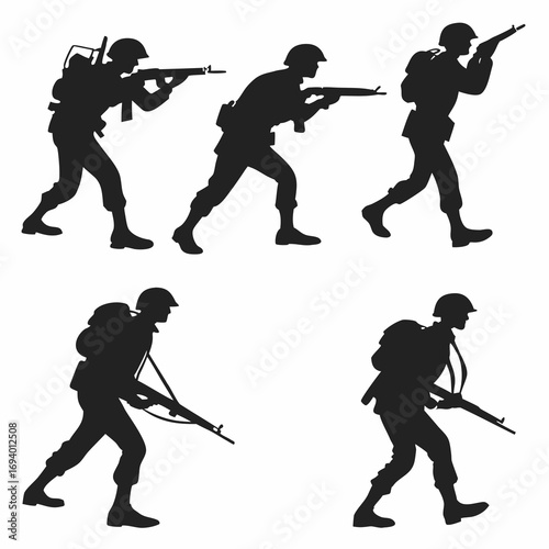 Six marching soldier silhouettes with rifles and backpacks military