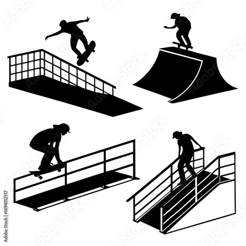 Skateboarders performing tricks on ramps and rails skateboarding