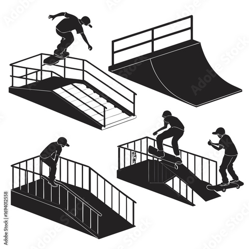 Skateboarders performing tricks on ramps and stairs silhouettes skateboarding