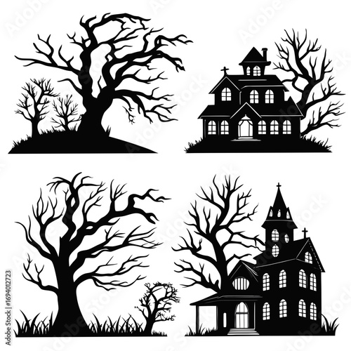 Spooky haunted houses and bare trees silhouettes halloween eerie