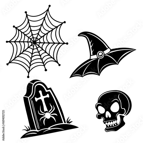 Spooky halloween icons spiderweb witch hat tombstone skull symbols black