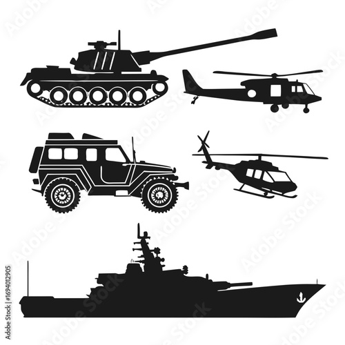 Tank helicopter jeep warship silhouettes military