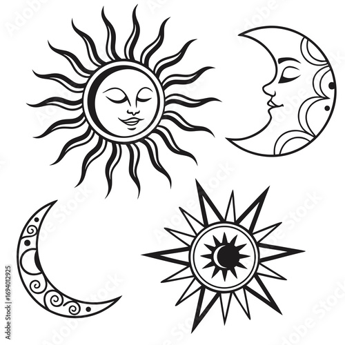 Stylized sun and moon icons black and white celestial symbols