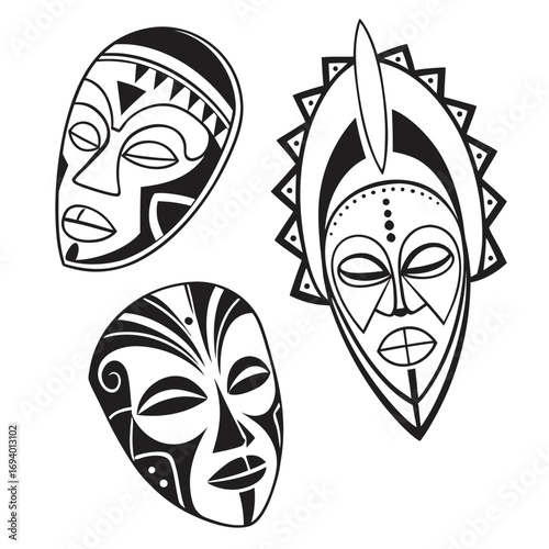 Tribal african masks black white geometric patterns tribal art silhouette