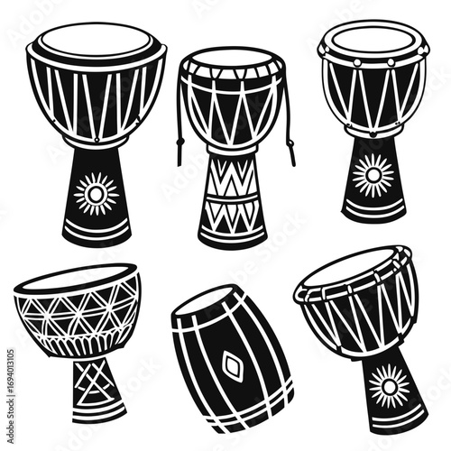 Tribal drums with sun and geometric patterns djembe bongo