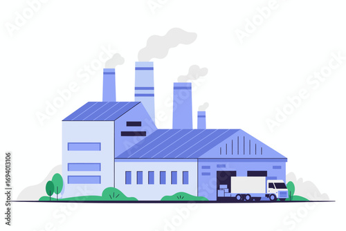 Stylized factory illustration with smoke stacks and delivery truck in a modern graphic style showcasing industrial production and logistics