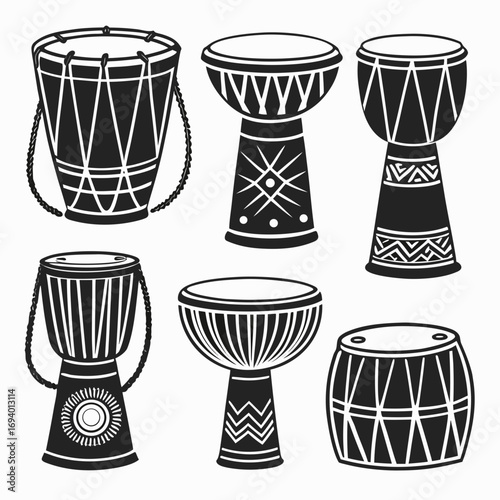 Tribal drums percussion instruments silhouettes rhythm music