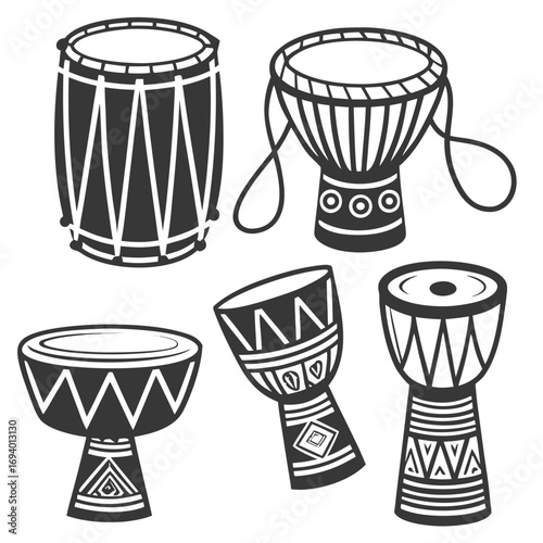 Tribal percussion instruments silhouette collection drum rhythm
