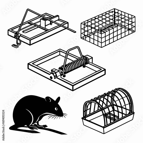 Various animal traps and cages silhouette rodent mouse
