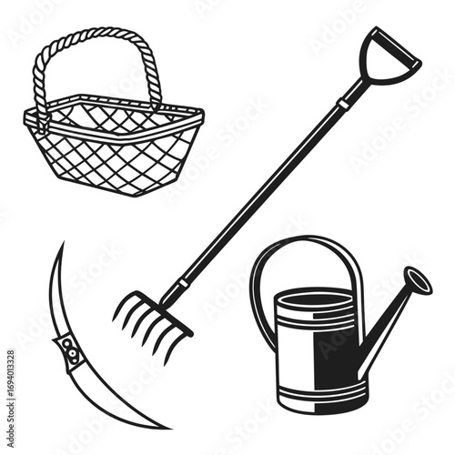 Village farming tools basket rake watering can sickle gardening tools farming equipment
