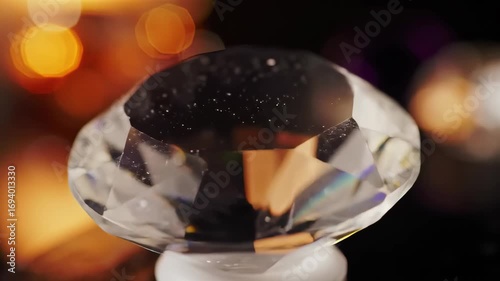 Close Up of a Sparkling Clear Diamond with Refractive Light on a White Pedestal